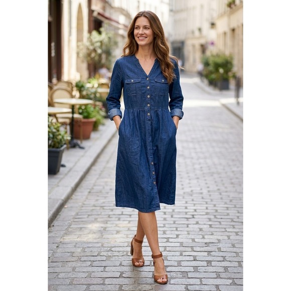 The Unbranded Brand Dresses & Skirts - Blue Denim Cottagecore Button Front Midi Shirt Dress w/ Pockets 2XL 75% Cotton